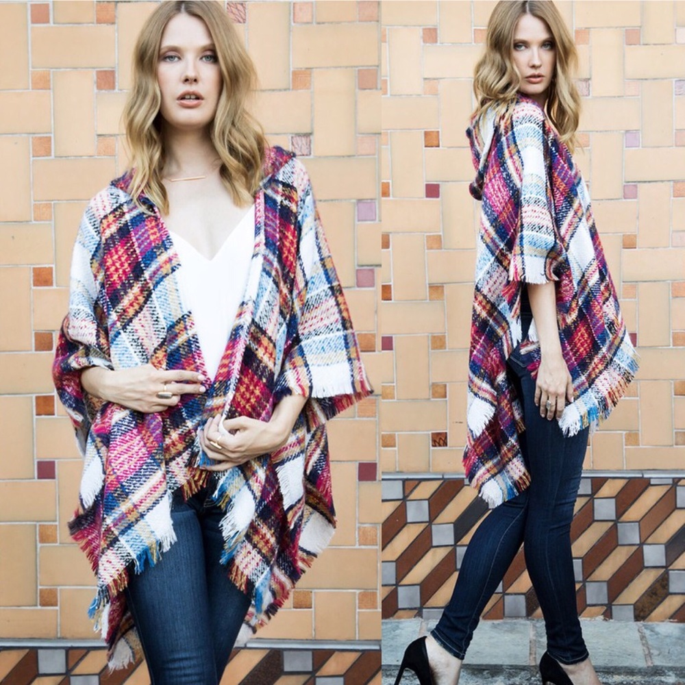 Gracelyn Magenta Hooded Plaid Kimono Top - Picture 2 of 8